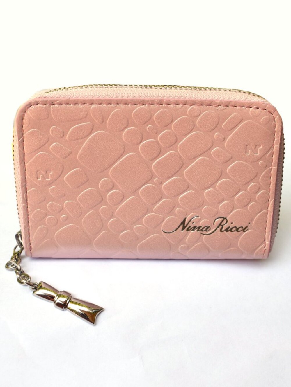 Nina Ricci Metallic Pink Peach Embossed Zip-Around Accordion Card Wallet
